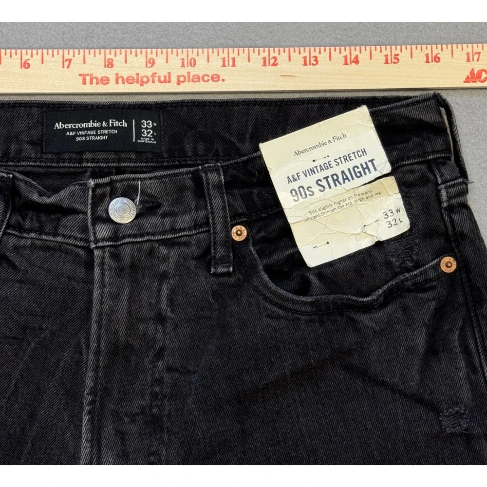 Abercrombie Fitch 90s Straight Jeans Men 33x32 (32x32) Black Distressed Stretch